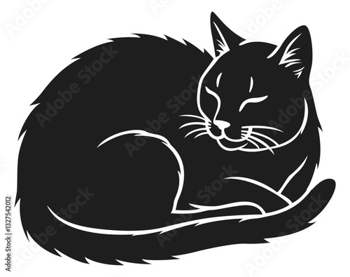 Sleeping Black Cat Vector Illustration Isolated White