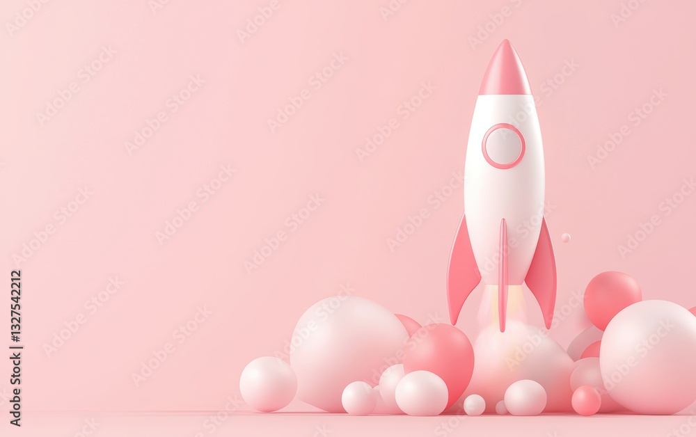 Minimalist 3D-rendered space rocket blasting off, vibrant pink and white colors, surrounded by dynamic smoke puffs and soft lighting Minimalist 3D-rendered space rocket blasting off, vibrant pink and white colors, surrounded by dynamic smoke puffs and soft lighting