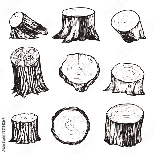 Illustration Set of tree stumps isolated. Natural cut wood