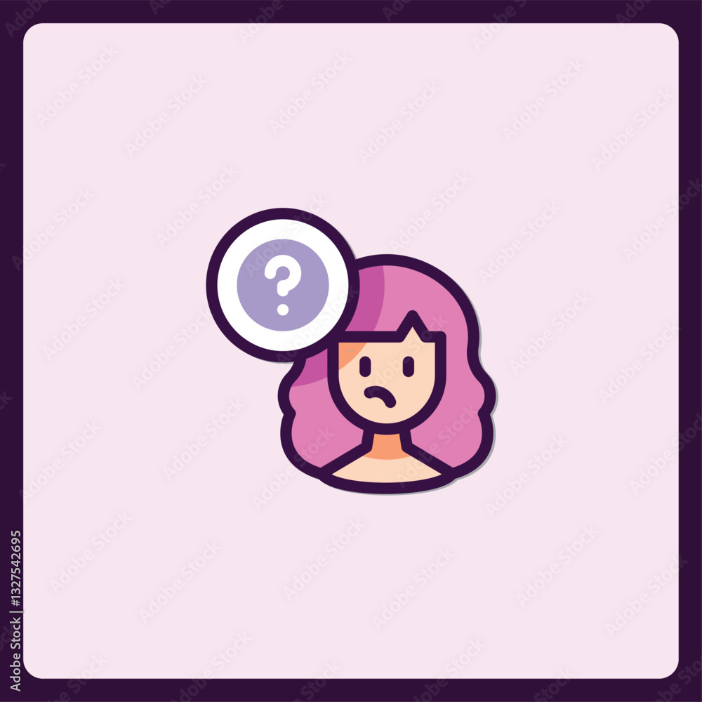 Worried girl with question mark, seeking solutions and facing dilemma icon Worried girl with question mark, seeking solutions and facing dilemma icon