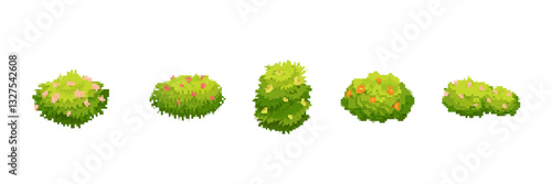 Five pixel art bushes display a variety of green shades and textures, each adorned with flowers.