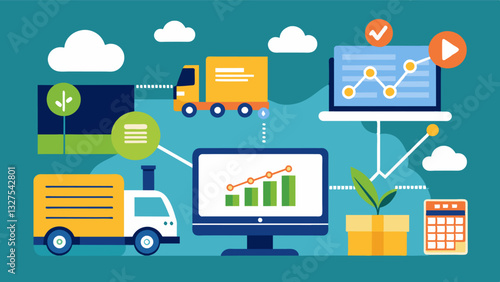 Supply chain optimization software that utilizes AI to track and predict demand for specific products and ensure timely delivery to farms.. Vector illustration