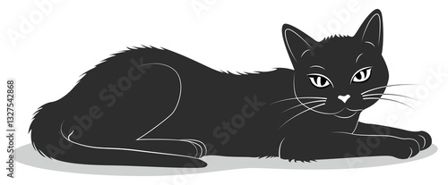 Black Cat Lying Down Relaxed White Background Illustration