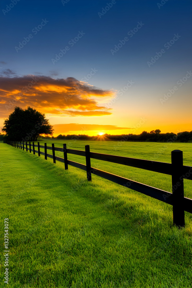 Peaceful rural landscape at sunset. Lush green field bordered by a dark fence Peaceful rural landscape at sunset. Lush green field bordered by a dark fence