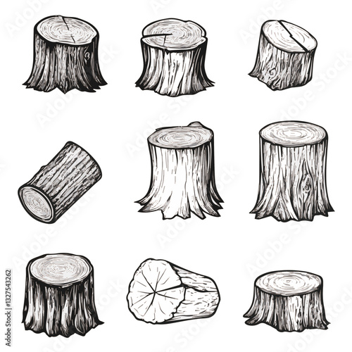 Illustration Set of tree stumps isolated. Natural cut wood