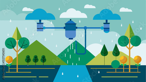 The irrigation system is equipped with rain sensors automatically shutting off during rainfall to prevent overwatering.. Vector illustration