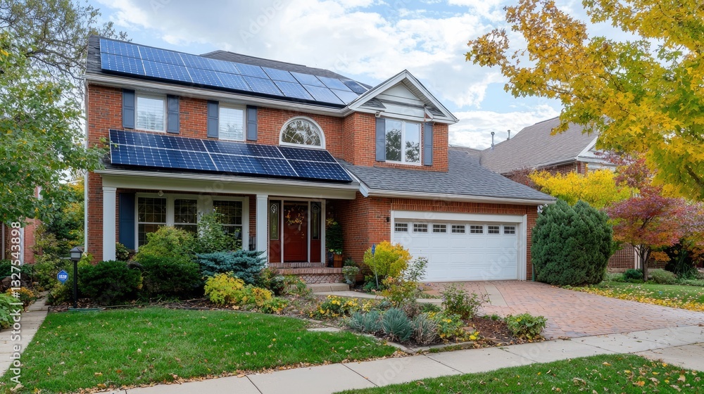 A suburban home with blue solar panels generating clean energy. A suburban home with blue solar panels generating clean energy.