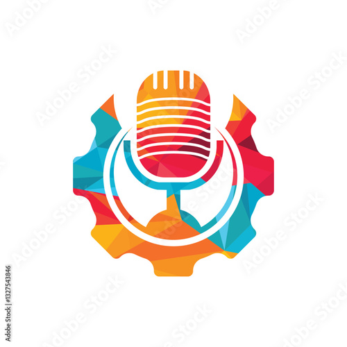 Gear podcast vector logo design template. Cog wheel and mic icon design.