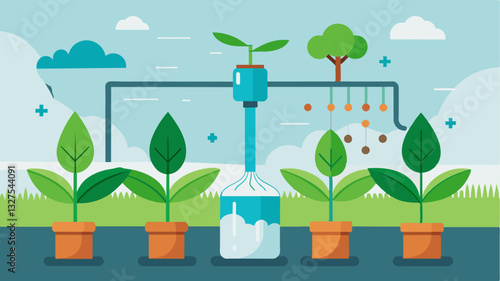 The irrigation system is integrated with a smart fertilizer system delivering nutrients directly to the roots of plants while watering.. Vector illustration