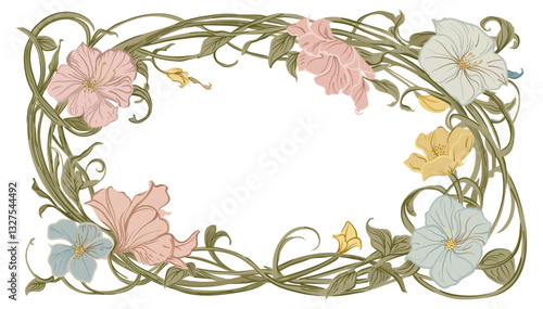 Floral decorative frame in art nouveau style. Vector isolated illustration