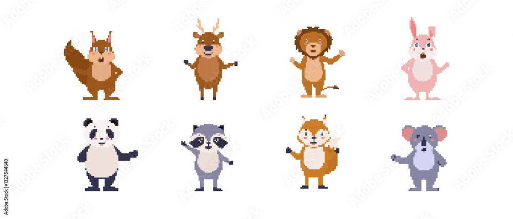 Fototapeta premium A collection of pixel art animals with a squirrel, deer, lion, rabbit, panda, raccoon, and koala.