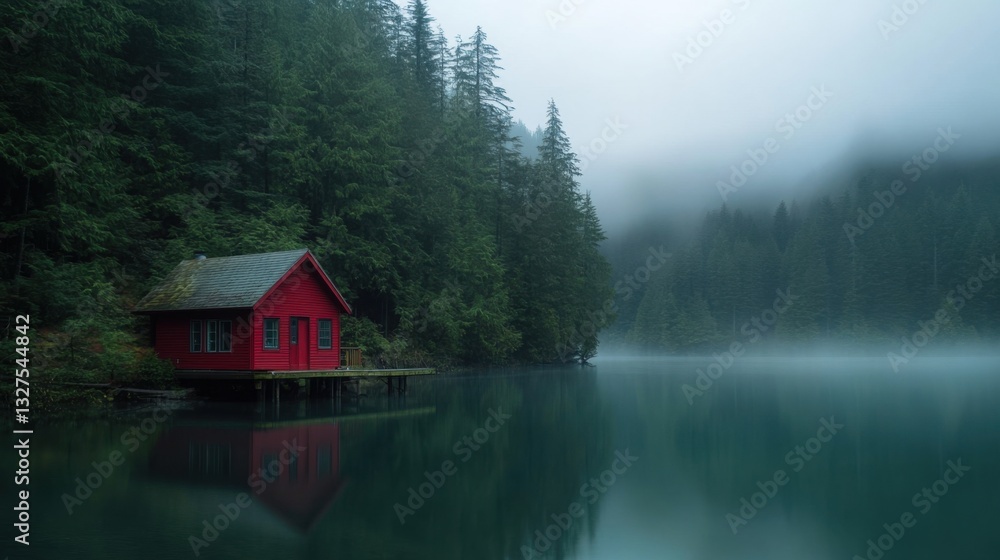 Obraz premium Tranquil Lake at Dusk with Soft Colors and Cabins