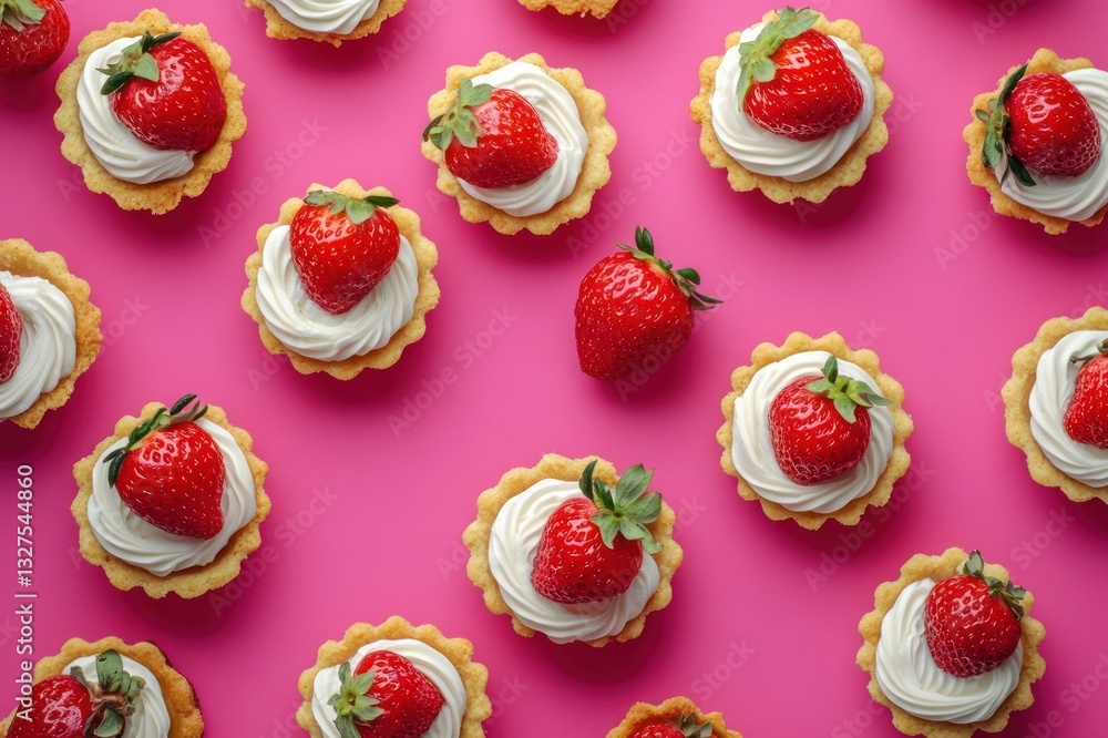 Delicious Strawberry Tarts with Whipped Cream on Bright Pink Background for Dessert Lovers Delicious Strawberry Tarts with Whipped Cream on Bright Pink Background for Dessert Lovers