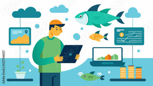 Through digital recordkeeping and data analysis smart aquaculture management enables proactive identification and prevention of potential production issues.. Vector illustration