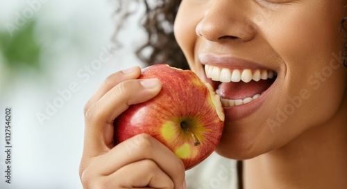 Close-up of woman biting into red apple, promoting healthy eating