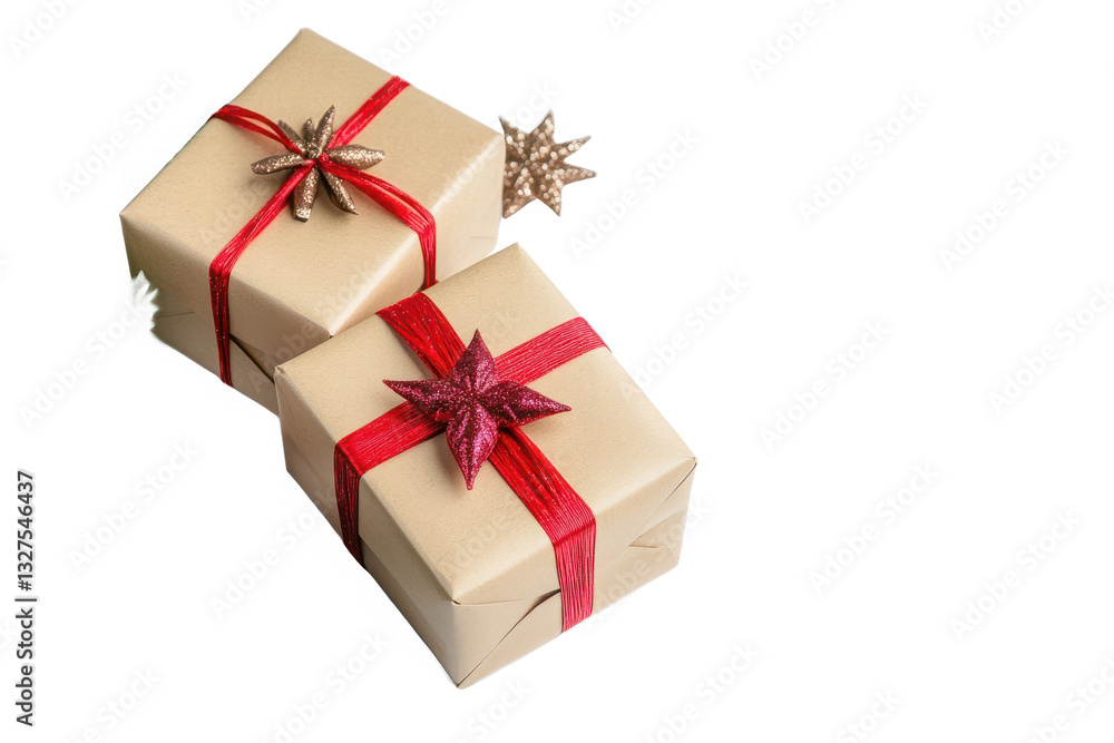 Fototapeta premium Two Elegantly Wrapped Gifts, Adorned With Red Ribbons And Sparkling Star Ornaments, Promising Joy And Anticipation For A Special Occasion On A Clean Isolated on Transparent Background