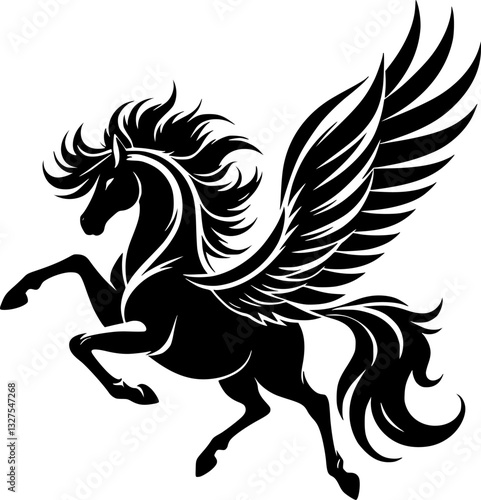 A powerful, stylized silhouette of a Pegasus, a mythical winged horse, in a dynamic pose.
