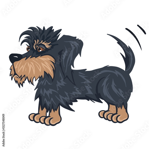 black shaggy bearded mongrel dog wags tail rejoices, color cartoon vector.