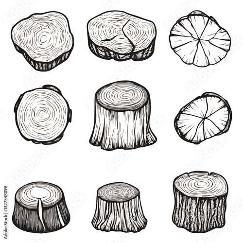 Illustration Set of tree stumps isolated. Natural cut wood