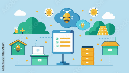 The smart beehive monitoring system is also linked to an online database allowing beekeepers to compare their hives performance with other beekeepers in their region and around the. Vector