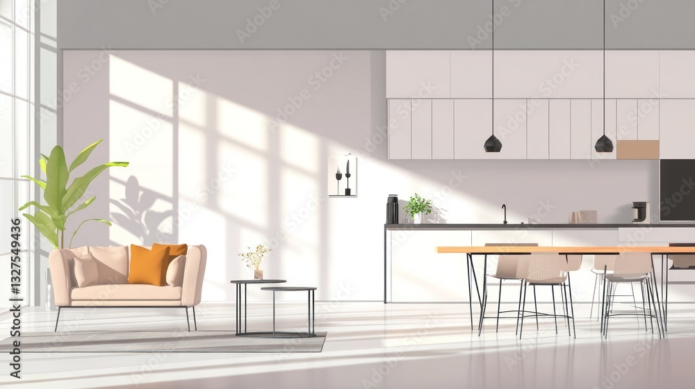 Bright and Airy Modern Living Space with Kitchen and Comfortable Seating Bright and Airy Modern Living Space with Kitchen and Comfortable Seating