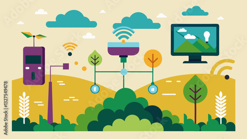 The digital system also integrates with weather stations and soil moisture probes providing realtime data to ensure proper irrigation and fertilization leading to healthier vines. Vector illustration