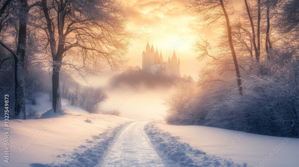 Majestic castle rises above the winter fog in the distance Majestic castle rises above the winter fog in the distance
