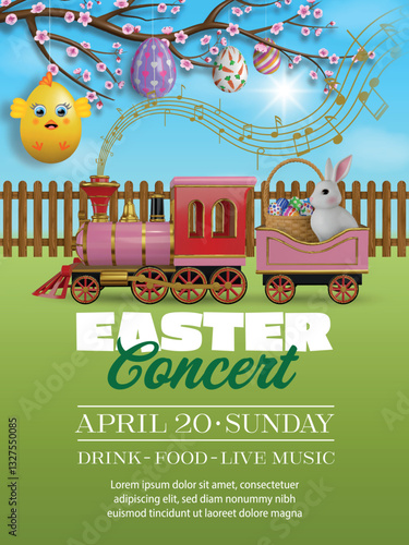 easter musical concert flyer with white rabbit and eggs basket on a train with gold notes. easter musical event poster with colorful eggs and train on spring landscape 