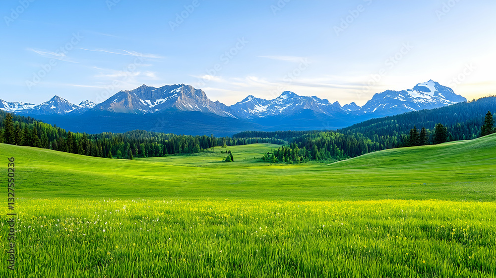 Fototapeta premium Picturesque alpine meadow stretches to snow-capped mountains under a clear blue sky. Lush greenery, serene landscape