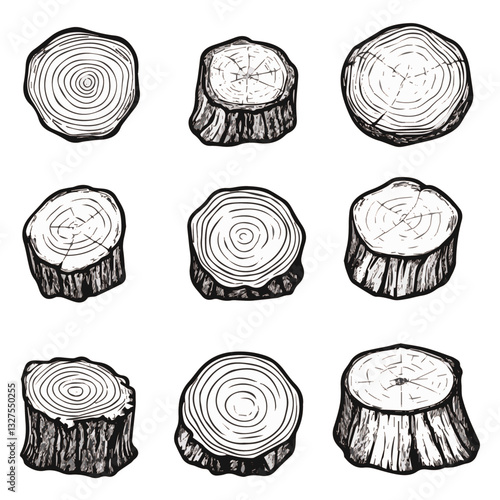 Illustration Set of tree stumps isolated. Natural cut wood