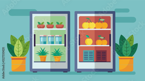 The refrigerators for tropical fruits and imported items completely empty and shut off to conserve energy.. Vector illustration