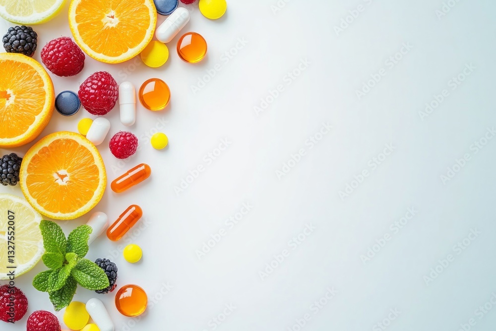 Vitamins and supplements promoting healthy lifestyle with fruits and berries Vitamins and supplements promoting healthy lifestyle with fruits and berries