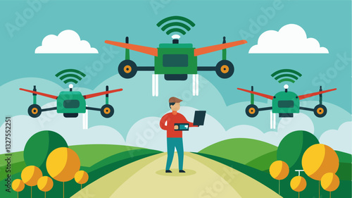 The tingedge technology of these sprayers allows for remote control and monitoring providing farmers with realtime updates on spraying progress and any potential issues.. Vector illustration
