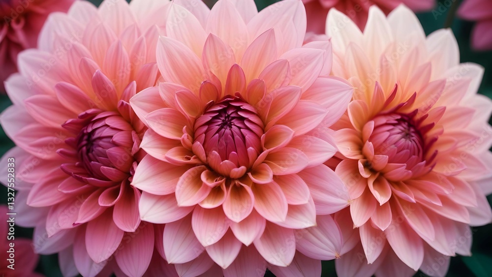 Obraz premium Pink dahlia flowers. The flowers are in full bloom and have multiple layers of petals that are arranged in a circular pattern. The petals are a soft pink color with hints of yellow and white.