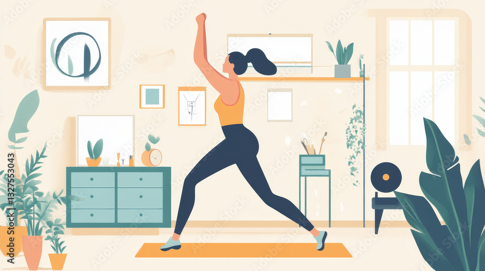 Obraz premium Home sport fitness, vector illustration, flat woman character training inside apartment, healthy lifestyle by workout exercise activity