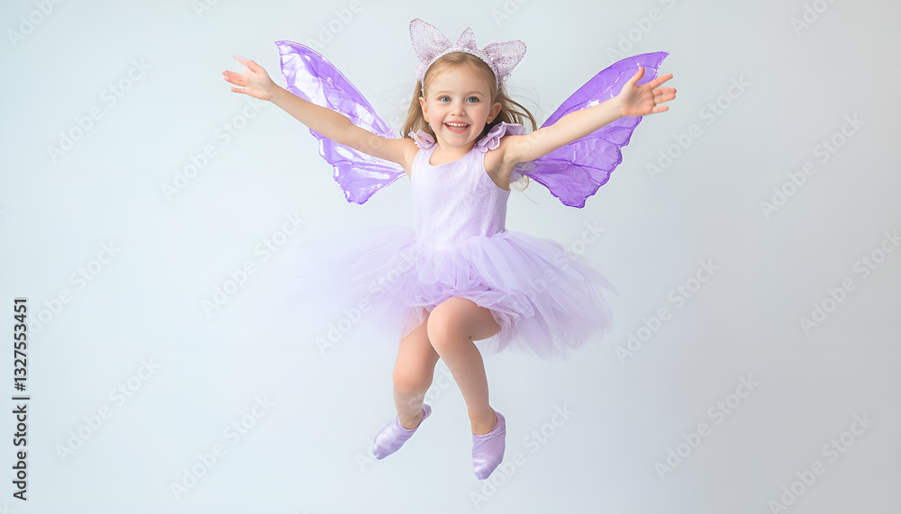 Cute little girl in fairy costume with violet wings jumping on white background Cute little girl in fairy costume with violet wings jumping on white background