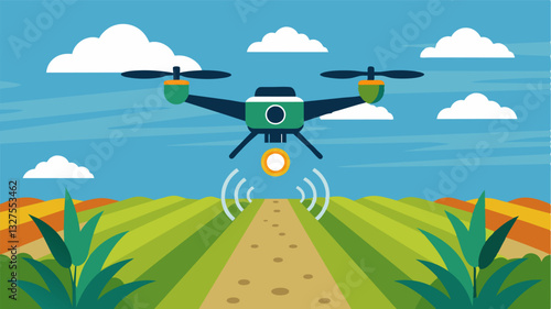 The drone utilizes advanced imaging technologies to detect crop stress and insect infestations providing farmers with actionable data to optimize their farming practices.. Vector illustration