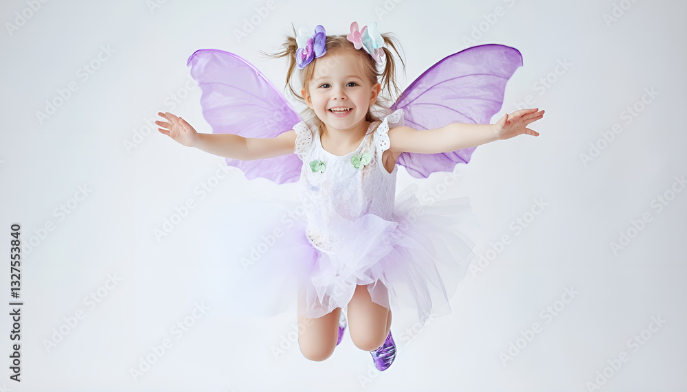 Fototapeta premium Cute little girl in fairy costume with violet wings jumping on white background
