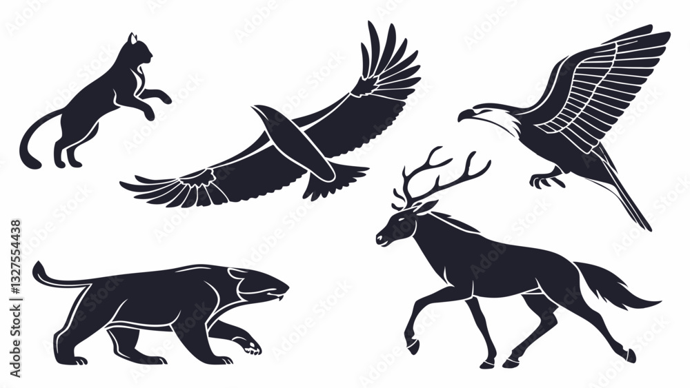 Obraz premium A vector set of six simple animal silhouettes with clean, bold lines. The shapes are reduced to their essential forms for a powerful, elegant look. Animals: cat, dog, eagle, whale, deer, and rabbit. 