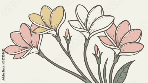 A vector set of six wildflowers in a minimalistic and elegant flat style. Each flower has delicate petals and soft natural colors, arranged harmoniously. 