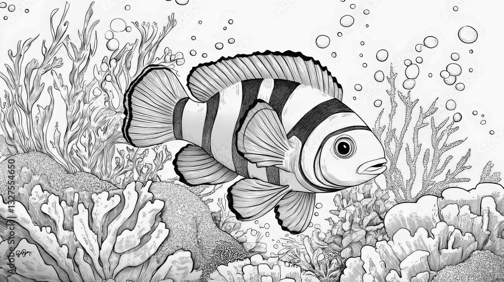 Fototapeta premium Picture coloring sea fish. Black and white fish picture for coloring
