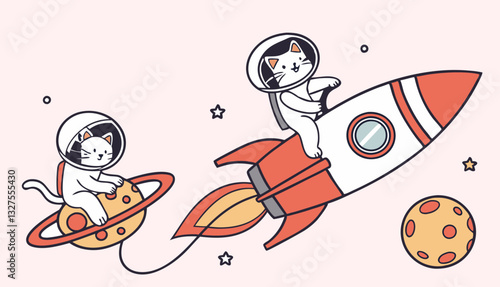 A futuristic and fun vector set of four cats in space helmets, floating in zero gravity, riding a rocket, and sitting on a tiny planet.