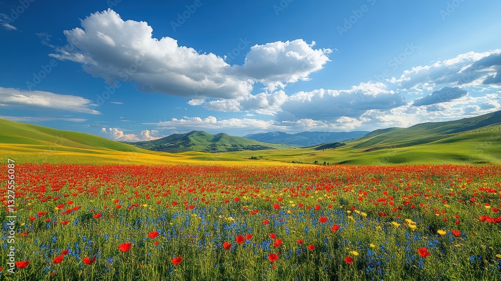 Colorful poppy field landscape under a vibrant blue sky with fluffy clouds, rolling hills, and distant mountains. Lush green grass Colorful poppy field landscape under a vibrant blue sky with fluffy clouds, rolling hills, and distant mountains. Lush green grass