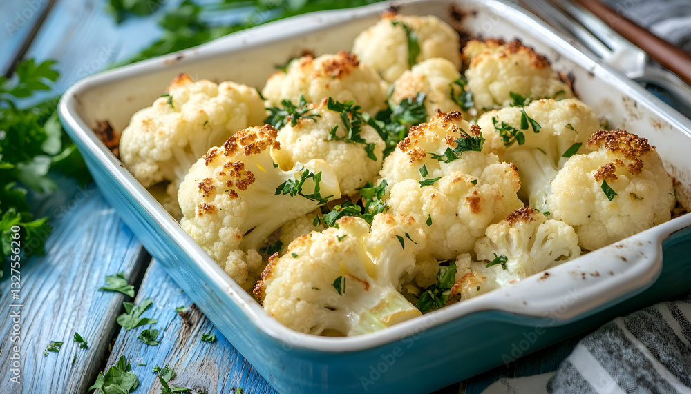 Baked cauliflower in baking dish on blue wooden table Baked cauliflower in baking dish on blue wooden table
