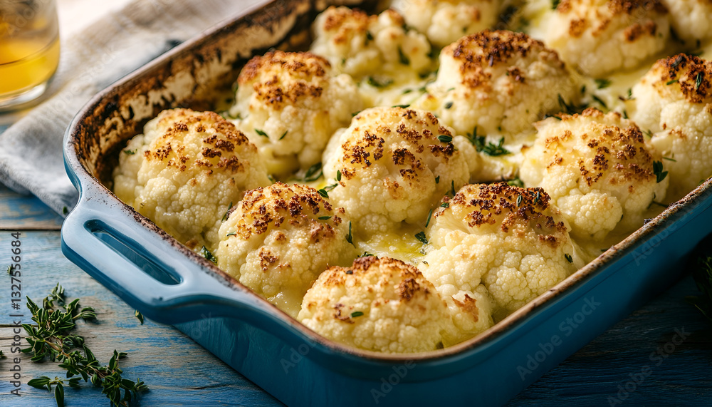 Fototapeta premium Baked cauliflower in baking dish on blue wooden table