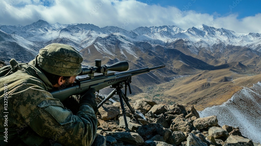 Fototapeta premium Soldier aiming rifle at snowy mountain range