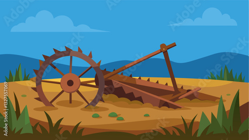 The rusted plow that once tilled the land now lies abandoned and useless a symbol of the outdated farming ods that contributed to the downfall of the farm.. Vector illustration