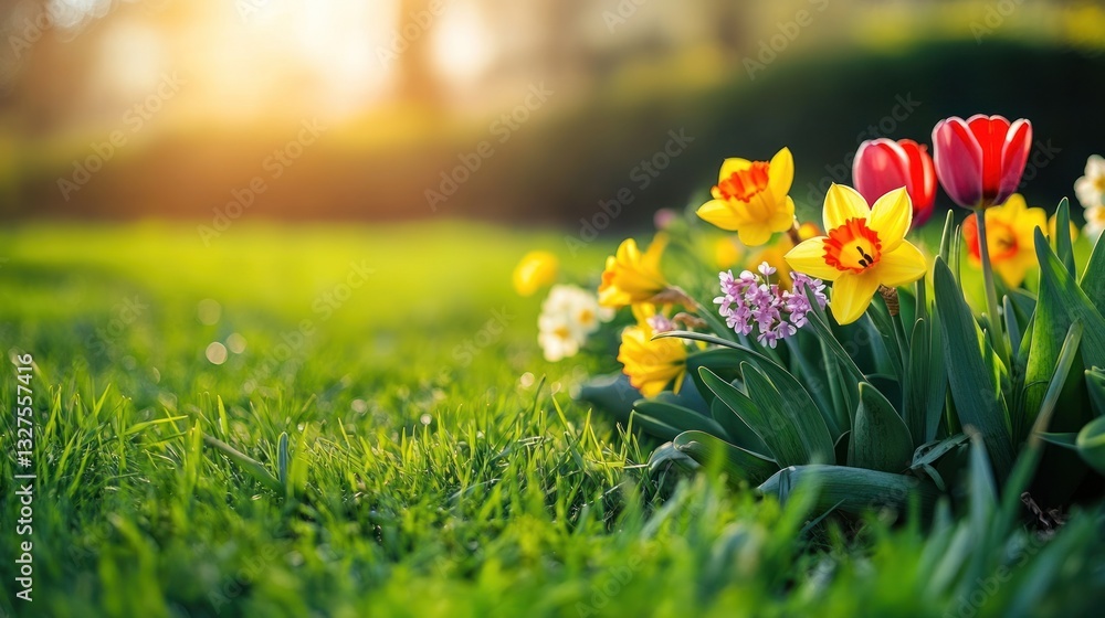 Fototapeta premium Vibrant spring flowers in a garden at sunset.