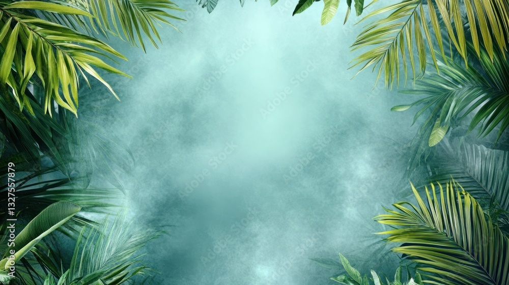 Naklejka premium Lush Tropical Greenery Frames Misty Teal Background