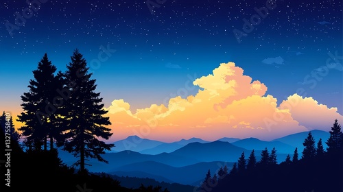 Wallpaper Mural Illustration of a Serene Night Landscape with Mountains and Pine Trees Torontodigital.ca